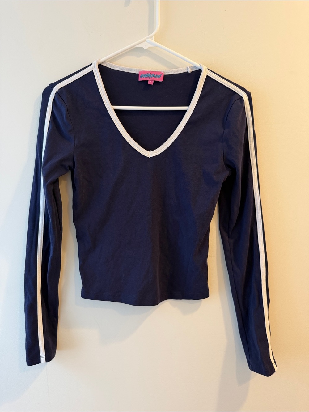 Edikted Pink & Pepper Navy Long Sleeve V-Neck Top with White Stripe Trim